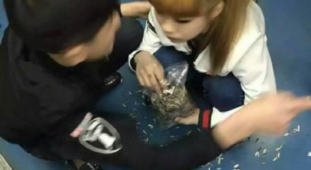 沈阳地铁现俩“非主流”情侣 蹲地嗑瓜子随地扔瓜子壳