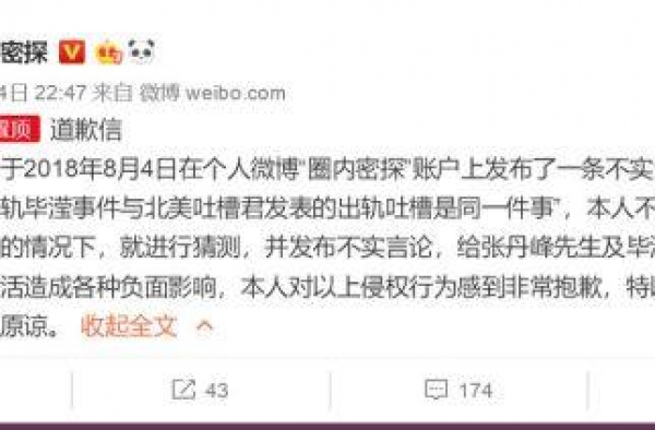 造谣张丹峰与经纪人毕滢有染 网友被判赔毕滢1.8万